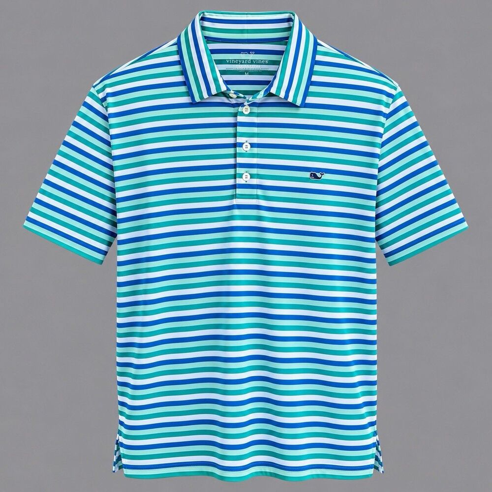 Vineyard Vines Men Medium Performance Golf Polo Striped White Blue Green M 22x31